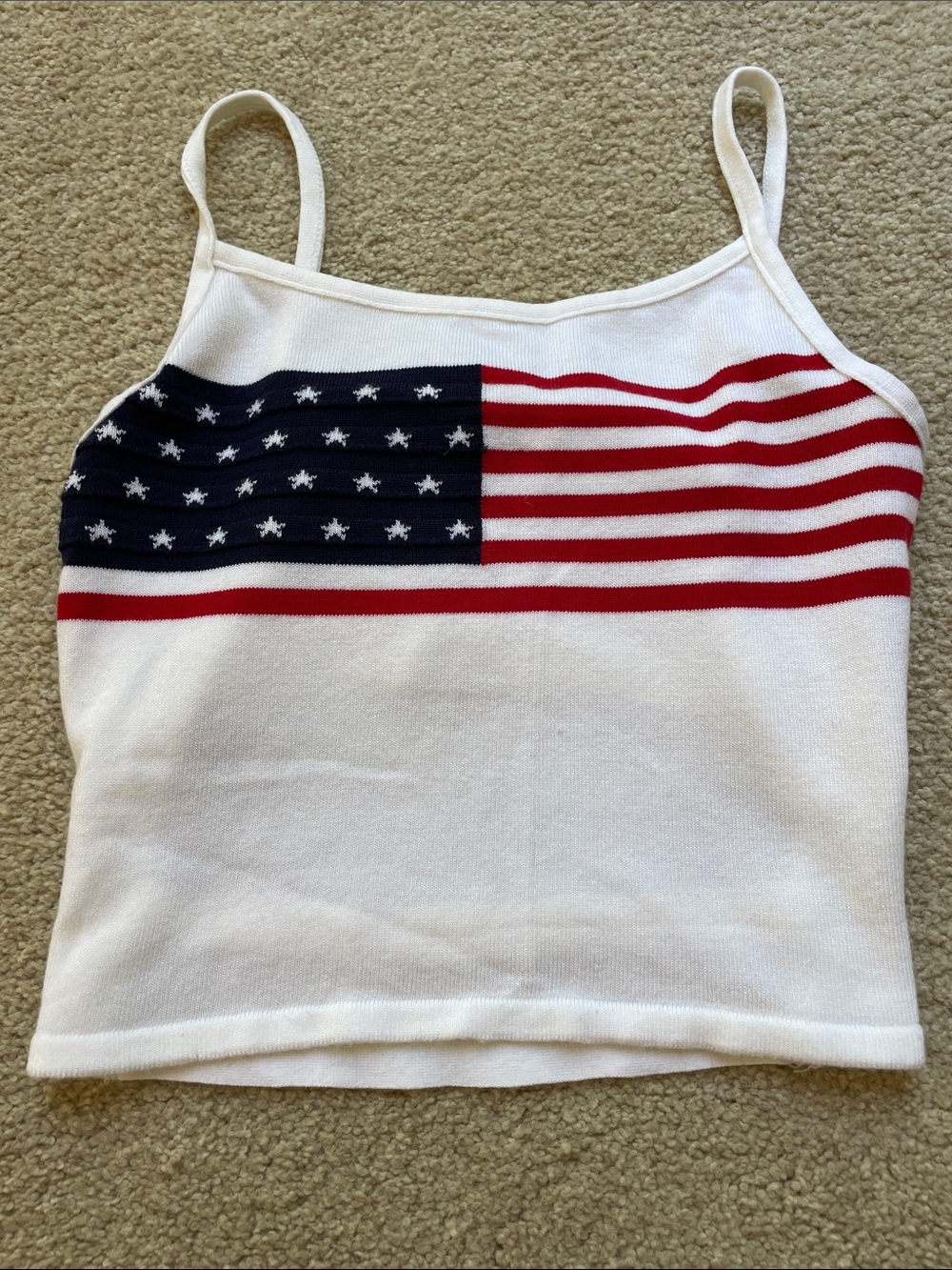 White Flag Knit Cami Top with Red & Blue Stripe Detail - Picture 1 of 3